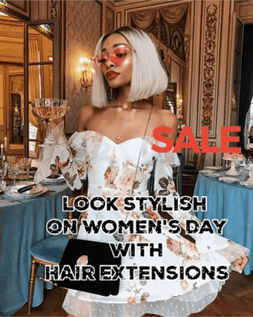 a woman in a floral dress is holding a glass of wine with the words look stylish on women 's day