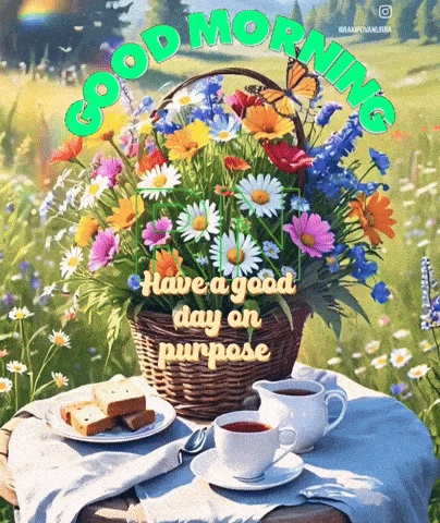 a bouquet of flowers in a basket on a table with the words good morning