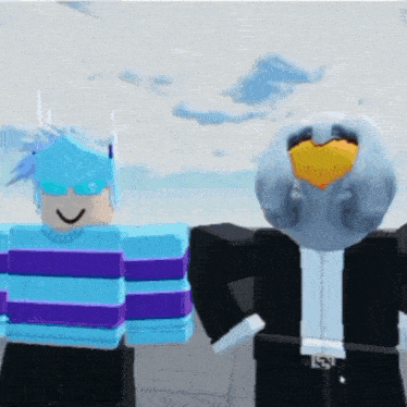 two roblox characters are standing next to each other with one wearing a bird head