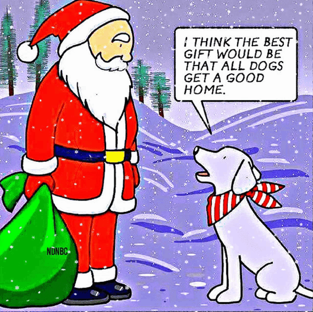 a cartoon of santa talking to a dog that says i think the best gift would be that all dogs get a good