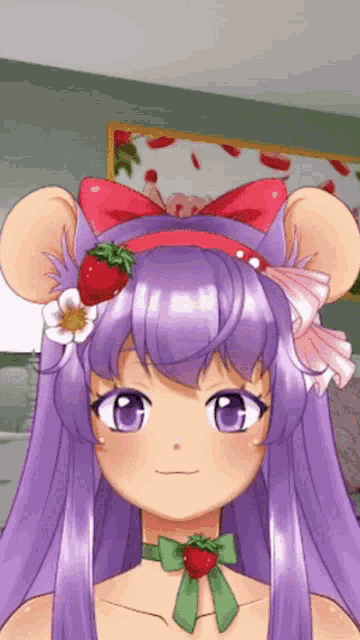 a girl with purple hair has a strawberry headband on her head