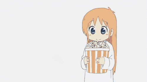 a cartoon girl is holding a bucket over her head while a cat looks on