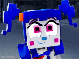 a cartoon character with blue hair and pink eyes is smiling .