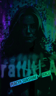 a peachy sunshine rage poster with a woman in a mask