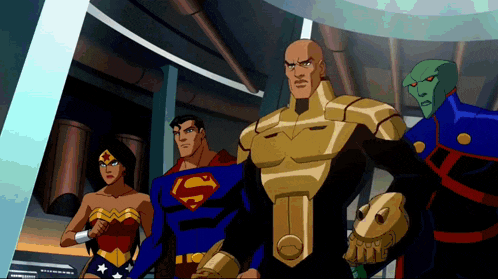 a group of cartoon characters including superman wonder woman and martian manhunter stand together
