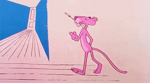 a pink panther is walking down a hallway with a cane in his mouth .