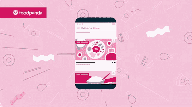 an advertisement for foodpanda shows a cell phone displaying the home page