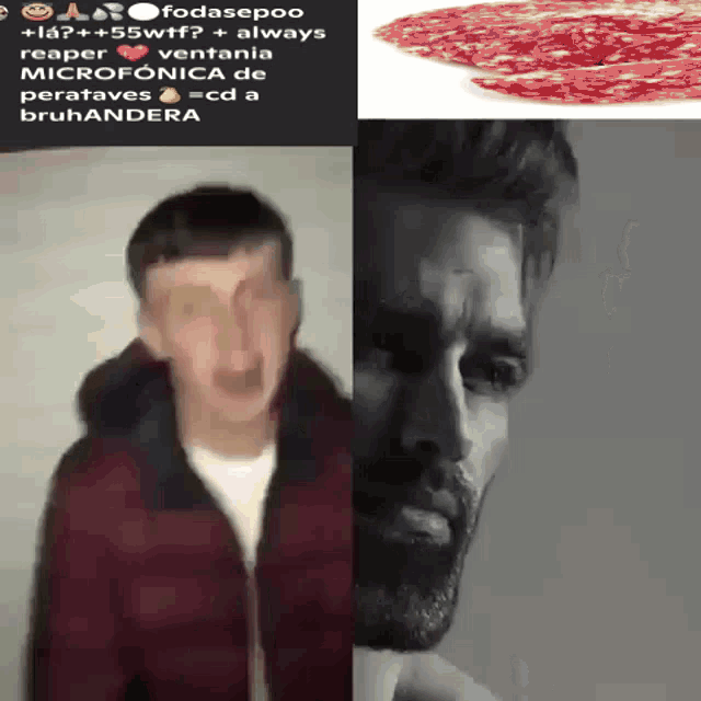 a man with a beard is next to a pizza