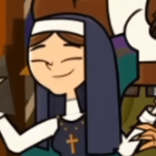 a cartoon nun from total drama is smiling and holding a candle .