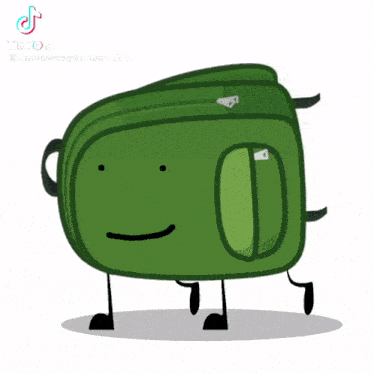 a cartoon drawing of a green bag with a face