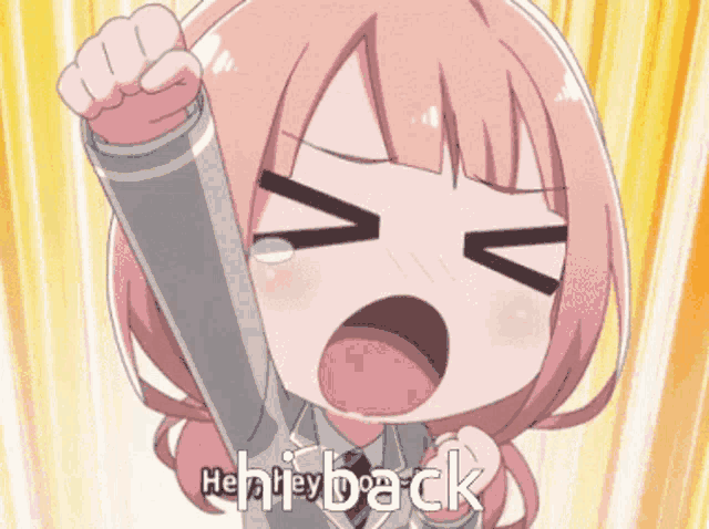a cartoon girl with her fist in the air and the words " he hiley back " written below her