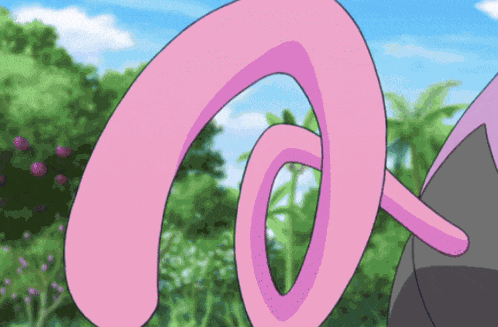 a cartoon drawing of a pink swirl with a palm tree in the background