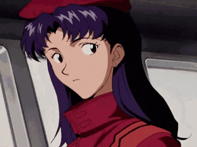 a cartoon girl with purple hair and a red hat