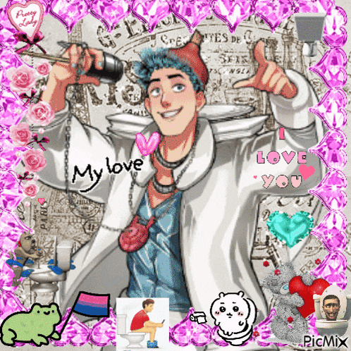a picture of a man holding a drill with the words " my love " on it