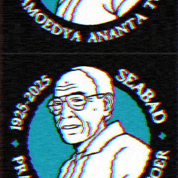 a drawing of a man with glasses and the words moordya ananta searad