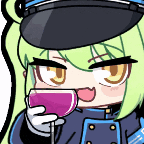 a cartoon character with green hair is holding a glass of pink liquid