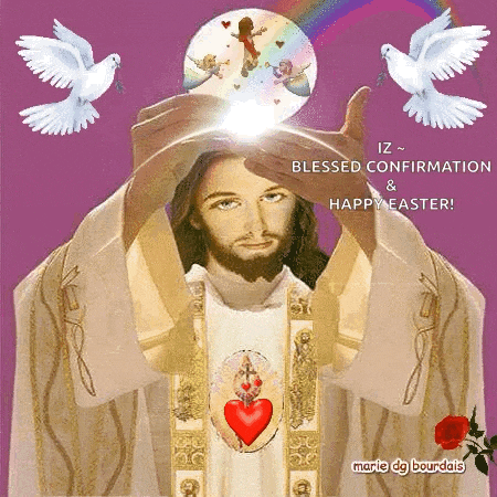 a picture of jesus with the words blessed confirmation and happy easter on the bottom