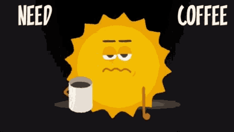 a cartoon sun is holding a cup of coffee and sleeping .