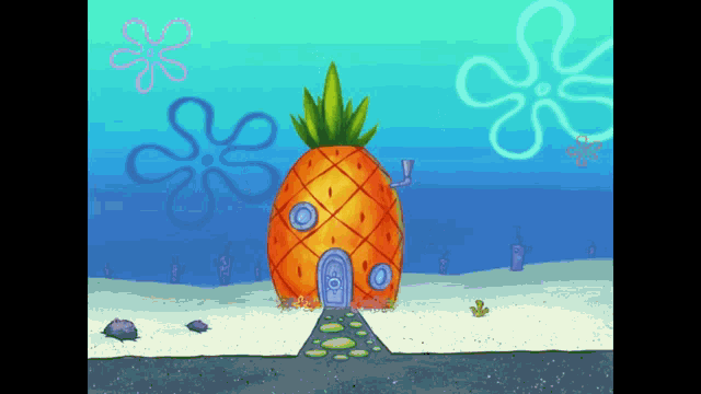 a cartoon drawing of a pineapple house with a blue door