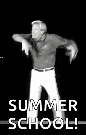 a man is dancing in a black and white photo with the words summer school written above him .