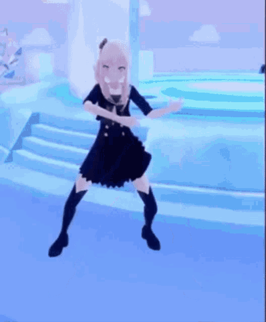 a girl in a black dress is singing into a microphone while standing on a stage .