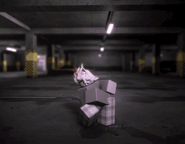a cartoon character is standing in a parking garage with a purple sign behind him that says " 21:45 "