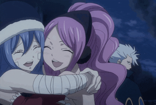 a group of anime characters are hugging each other and smiling