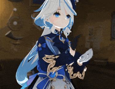 a girl with white hair and blue eyes is wearing a blue dress