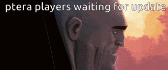 a cartoon of a man with the words " ptera players waiting for update "