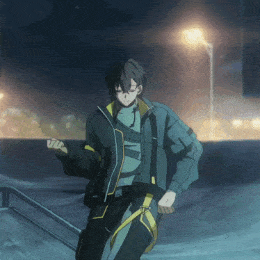 a man in a black and yellow outfit is dancing in the dark