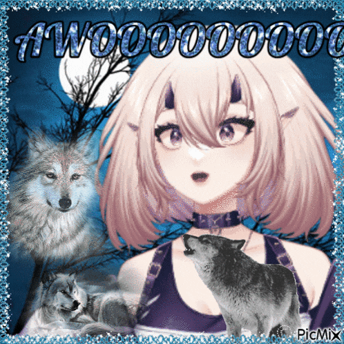 a picture of a girl with horns surrounded by wolves that says aw000000 on the bottom