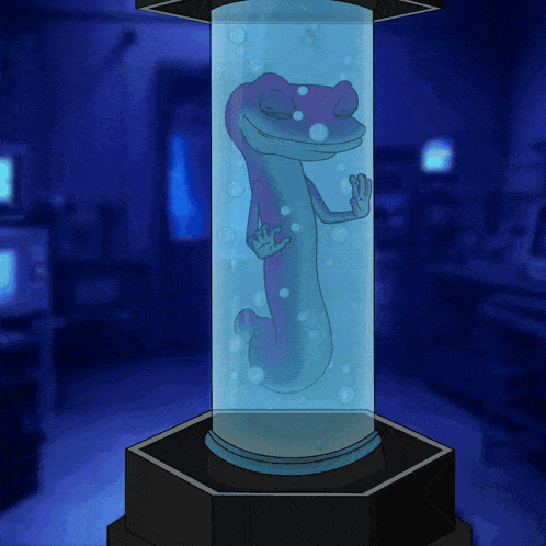 a cartoon of a lizard in a cylinder with bubbles
