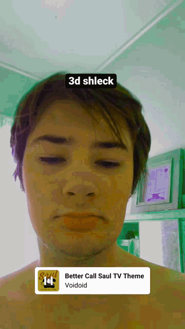 a man without a shirt is looking at the camera with a 3d shleck sticker on his face