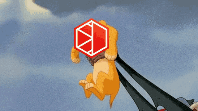 a cartoon of a dog with a red cube on it 's head