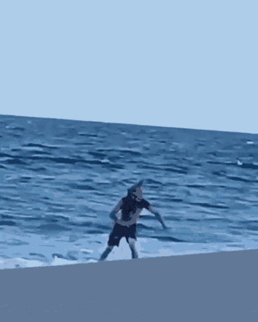 a man wearing a shark mask is standing on a beach near the ocean .