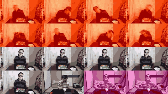 a collage of images of a man sitting at a table with plates