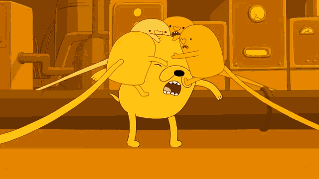 a cartoon character named jake is being pulled by two other cartoon characters