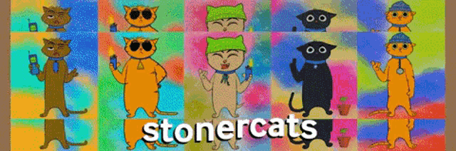 a colorful poster with cats and the word stonercats