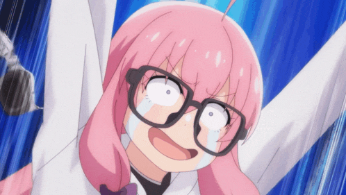 a cartoon girl with pink hair and glasses is screaming