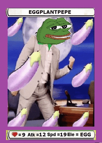 a card that says eggplantpepe on it with a man in a suit