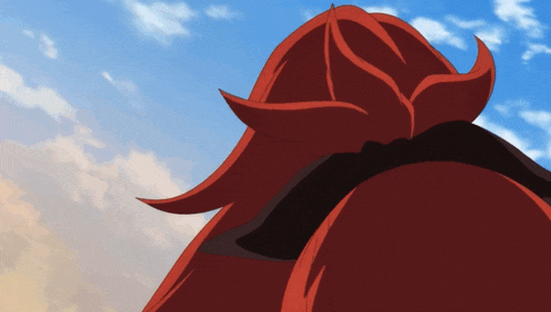 a close up of a person 's red hair against a blue sky with clouds
