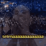 a woman is drinking from a glass with a caption that says selenaaaa .