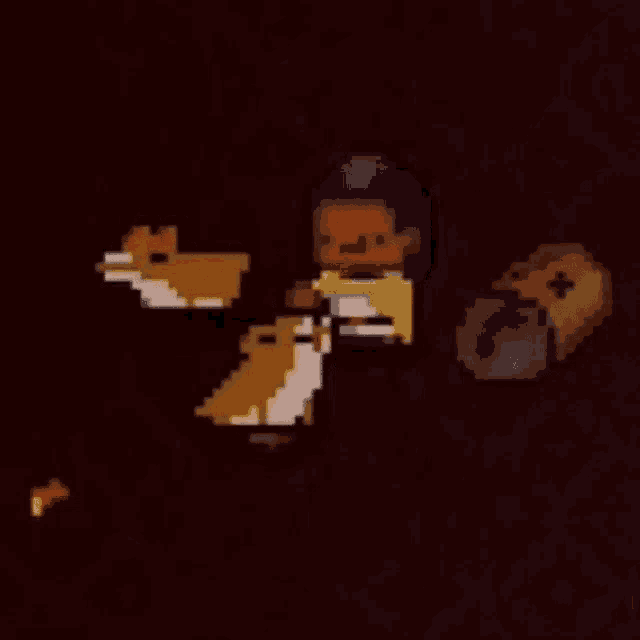 a pixel art of a person holding two dogs .