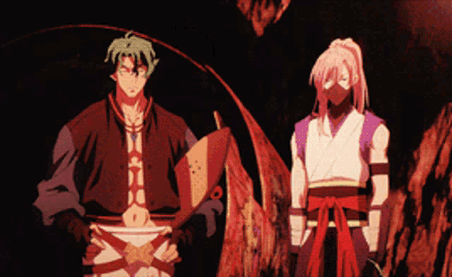 two anime characters are standing next to each other and one has a skateboard on his back