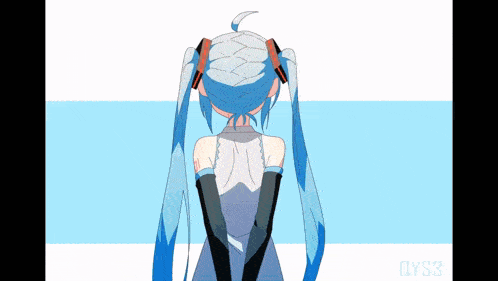 a drawing of a girl with blue hair and the letters qys3