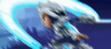 a cartoon character is flying through the air with a blue light behind him .