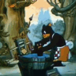a cartoon character is sitting at a table in front of a bucket .