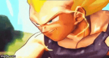 a close up of a pixel art of a dragon ball z character in a black shirt .