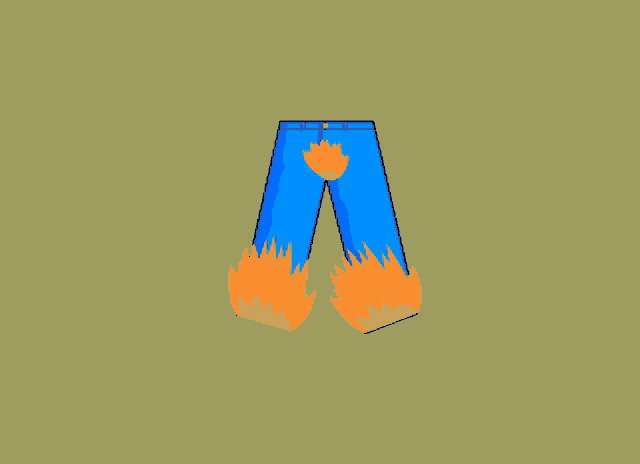 a pair of blue pants with orange flames on them