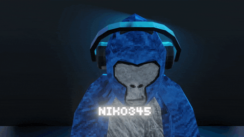 a gorilla wearing headphones and a blue hoodie with niko345 on it